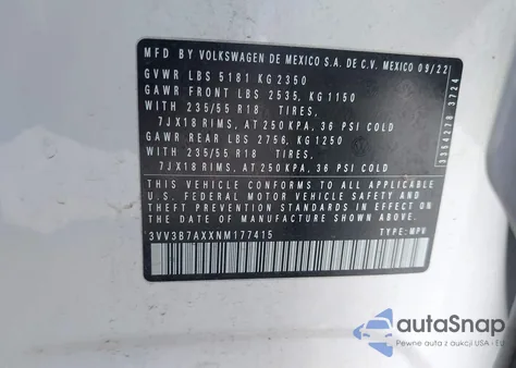 2022 Volkswagen Tiguan 2.0T Se z USA, uszkodzony, nr VIN 3VV3B7AXXNM177415